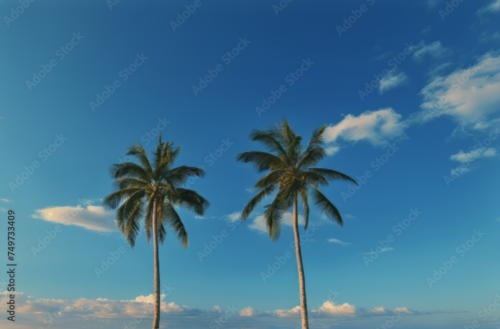 Twin palms standing tall against a serene blue sky at dusk