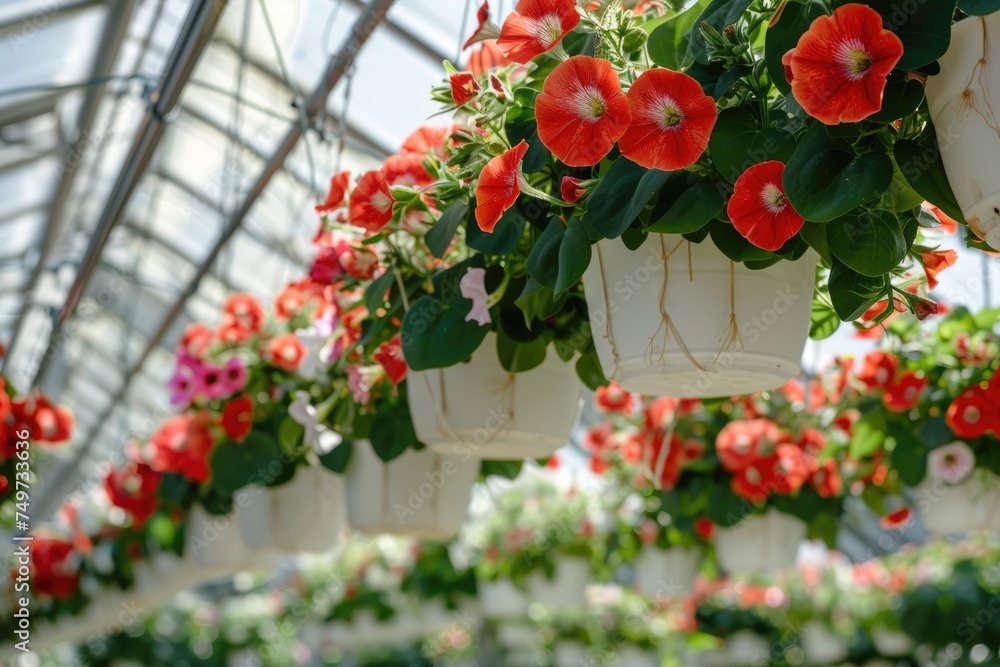 Large glass greenhouse with red flowers indoor and cultivation plants.