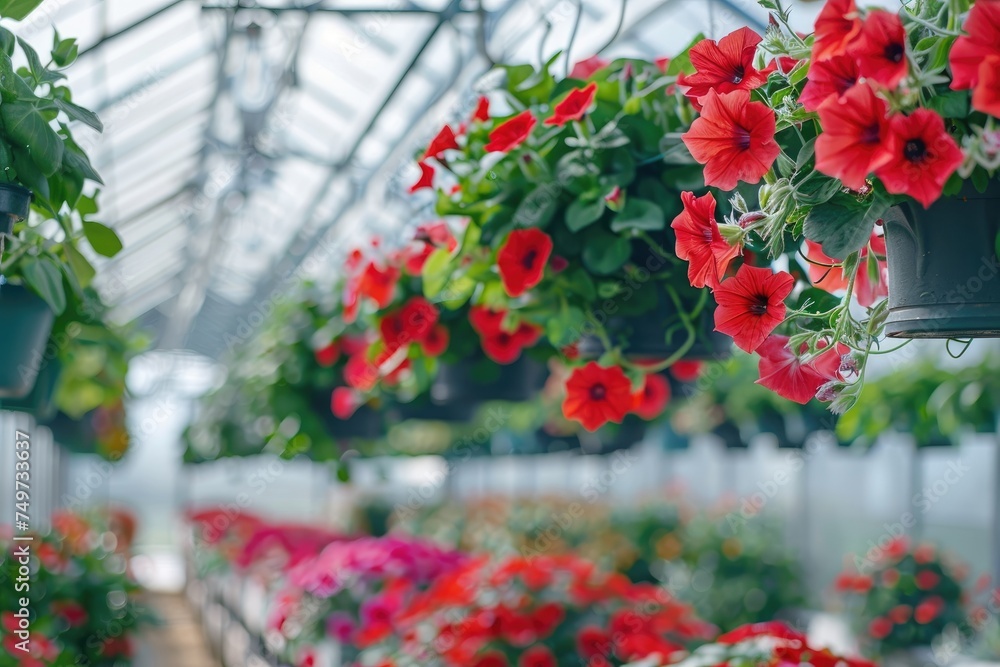 Large glass greenhouse with red flowers indoor and cultivation plants.