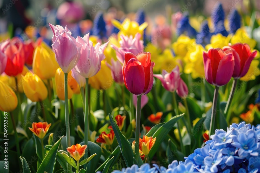 Colorful tulips, narcissus, hyacinths, lily, hydrangeas, flowers in spring park.
