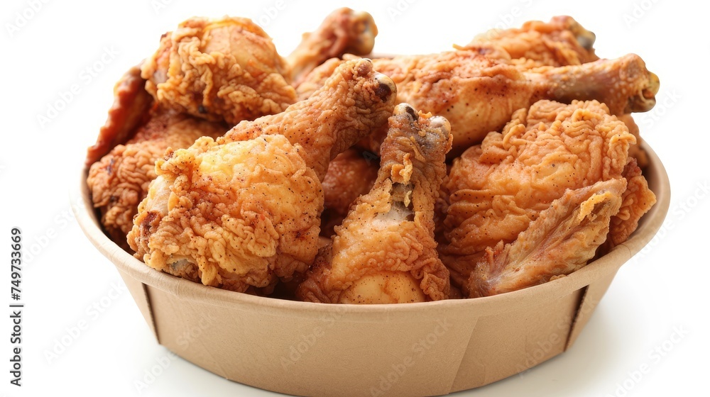 Collection of golden brown and crispy roasted Fried chicken served on a brown paper bucket isoalted on white background. Collection of golden brown and crispy roasted Fried chicken served on a brown paper bucket isoalted on white background.