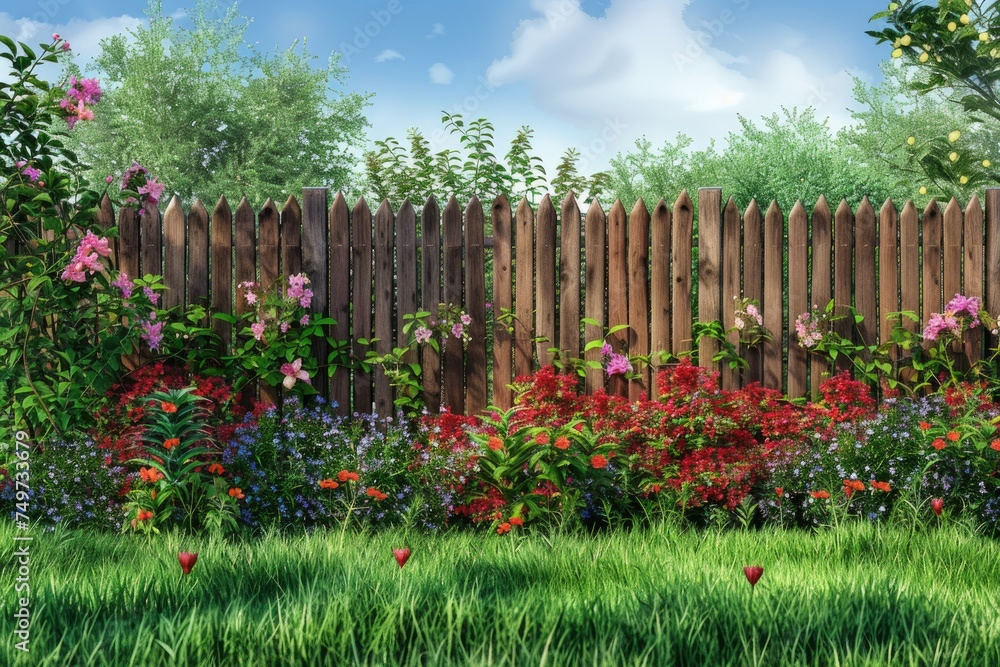 A beautiful landscape of the backyard and a composition of flowers and bushes against the background of a wooden fence.