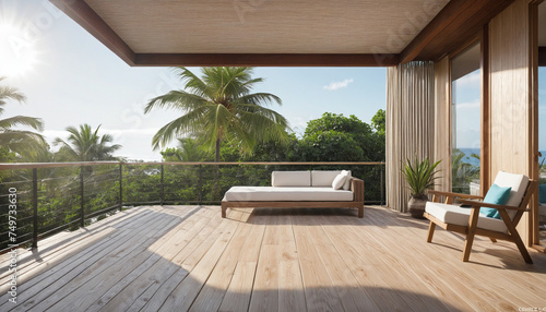summer delight wooden balcony patio deck with sunlight and coconut tree panorama view house interior mock up design background house balcony daylight photo