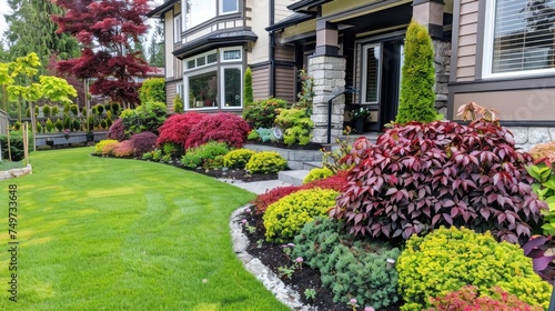 Front yard  landscape design with multicolored shrubs intersecting with bright green lawns behind the house is a modern
