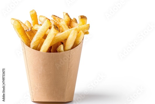 Golden brown and crispy french fries served on a brown paper bucket isoalted on white background.