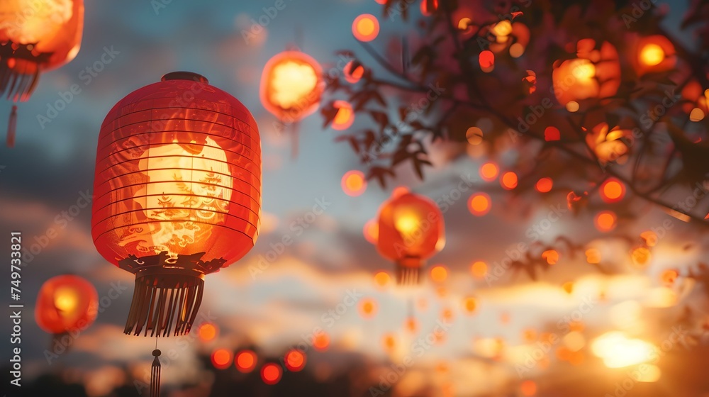 Obraz premium Illuminated red lanterns hanging from a tree at twilight. cozy autumn evening celebration decor. a warm glow fills the festive atmosphere. AI