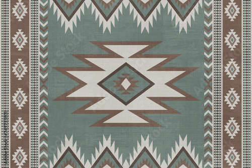 Ethnic fabric pattern, green, brown, gray, geometric design for textiles and clothing, blankets, rugs, covers, vector illustration.
