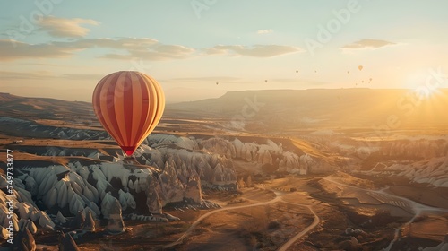 Serene hot air balloon flight at sunrise over scenic landscape. adventure and travel concept. photogenic outdoor scene. calm morning activity. AI