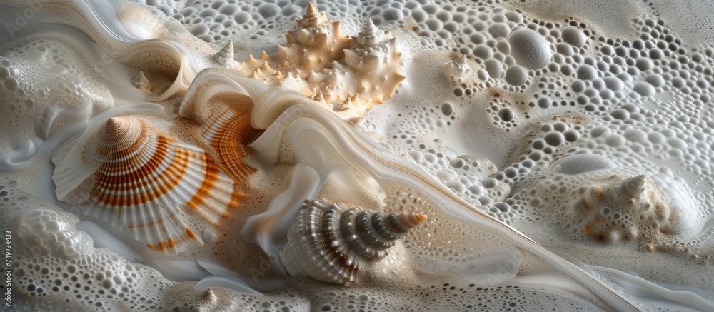 A detailed view of various shells scattered on a clean white surface, showcasing intricate patterns, textures, and shapes. The shells are positioned closely together, creating a captivating blend of A detailed view of various shells scattered on a clean white surface, showcasing intricate patterns, textures, and shapes. The shells are positioned closely together, creating a captivating blend of