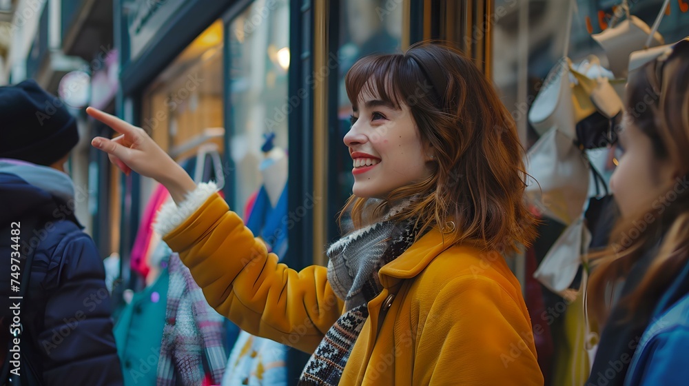 Smiling woman in vibrant yellow coat window shopping in urban setting points at display. candid lifestyle moment captured in vivid colors. AI Smiling woman in vibrant yellow coat window shopping in urban setting points at display. candid lifestyle moment captured in vivid colors. AI