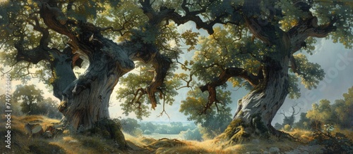 A painting depicting two ancient oak trees standing proudly in a vast summer field. The trees are adorned with lush green leaves  showcasing their resilience and grandeur against the open landscape.