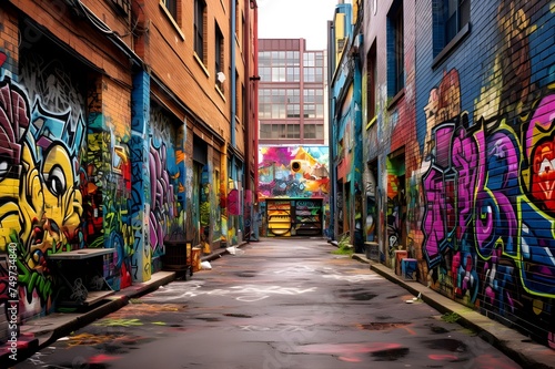 Graffiti Alley: An urban alley adorned with vibrant graffiti, capturing the raw and expressive nature of street art in an urban setting.