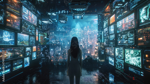A girl in front of a lot of monitors.