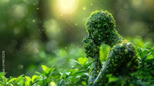 Nature's Garden: Green Fern and Plants in Abstract Macro Closeup, green plants cover shaped like a human. Giving the concept of nurturing and coexistence with nature.