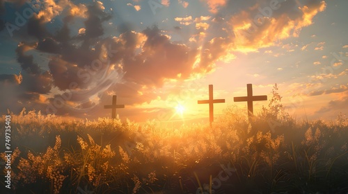 Serene sunrise behind silhouetted crosses in a field. spiritual landscape with glowing horizon. peaceful morning nature scene. symbol of hope and faith. AI photo
