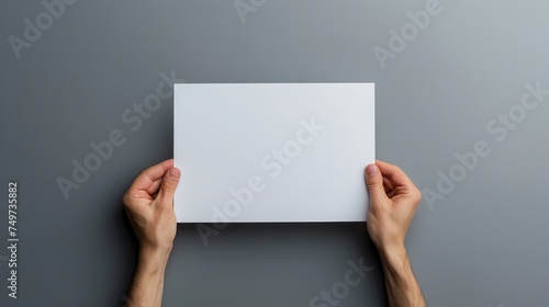 DL Flyer Mock-Up - Male hands holding a blank flyer on a gray background. 