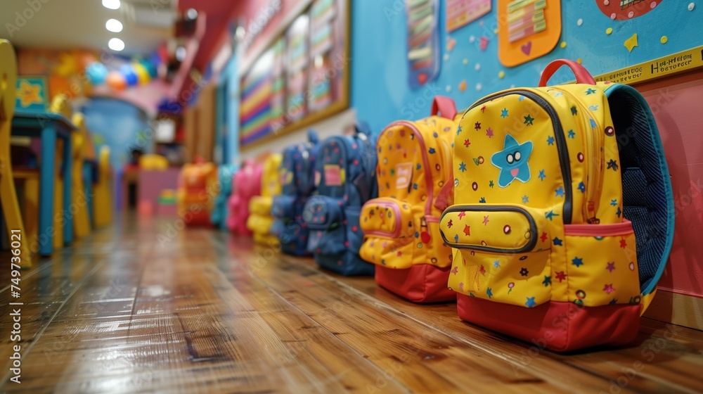 Inside an empty classroom There are backpacks and stationery.