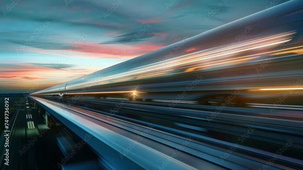 A high-speed train races through the countryside under a twilight sky, blurring the scenic landscape.