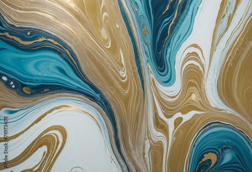 Fluid Art Marble Abstract background in golden, blue and white colours