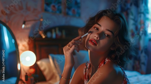 Young woman applying makeup in dimly lit room. casual beauty routine. naturalistic style, intimate setting. AI