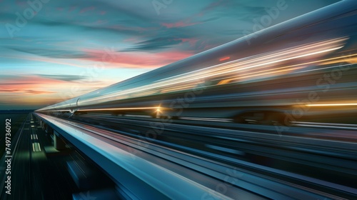 A high-speed train races through the countryside under a twilight sky  blurring the scenic landscape.