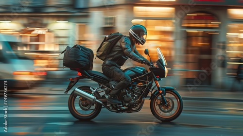 A motorbike rider with reflective gear rides through the city at night  with motion blur showcasing the speed.