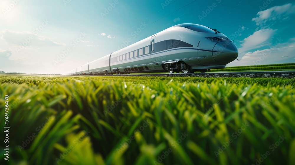 Futuristic high-speed train moving through lush green countryside on a clear day.