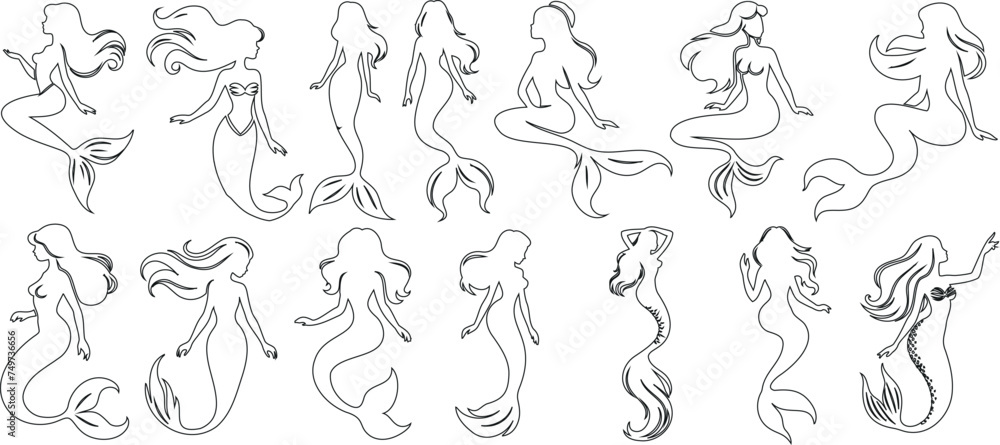 Mermaid line art collection, elegant mermaid in various poses, expressions. Perfect for tattoos, coloring books, fantasy mermaid illustrations. Showcasing elegance, aquatic mythical creature Mermaid line art collection, elegant mermaid in various poses, expressions. Perfect for tattoos, coloring books, fantasy mermaid illustrations. Showcasing elegance, aquatic mythical creature