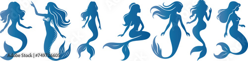 Blue mermaid silhouette in various graceful poses, , elegant  mermaids for fantasy, mythology, marine themed designs, showcasing  mermaid vector oceanic beauty and allure