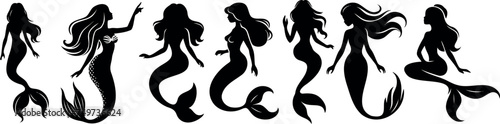 Mermaid silhouette, underwater fantasy design. Elegant mermaid vector, mythical creatures showcasing beauty, mystery. Black mermaids figures, flowing hair, tails. for fantasy, mythology, and marine