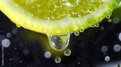 cut green lamon with drops,The focus should be on a single, glistening droplet of crystal-clear liquid delicately suspended from the green lemon peel tip. photo