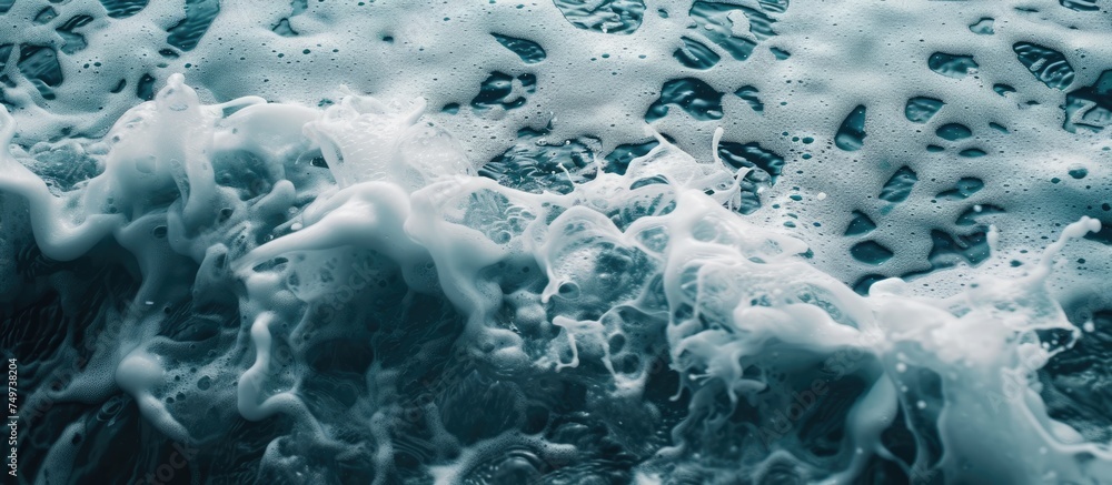 Naklejka premium This close-up showcases water bubbles on a polluted surface, highlighting the abstract textures caused by environmental issues. The bubbles reflect light, creating a striking visual effect that