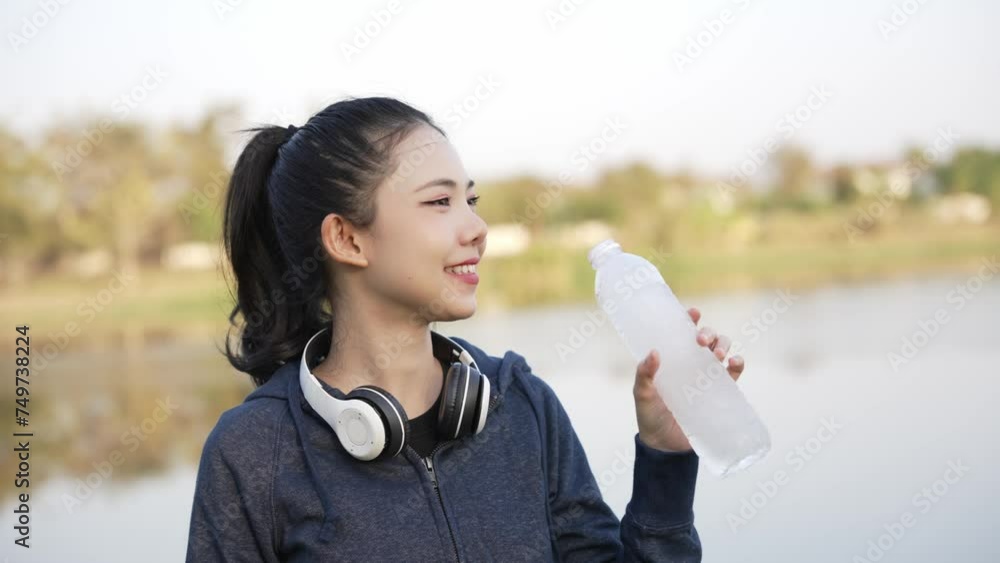 Young Asian female athlete doing exercises in a city park environment in the evening with a reservoir in the background. Outside of exercise and fitness, the concept of good health Young Asian female athlete doing exercises in a city park environment in the evening with a reservoir in the background. Outside of exercise and fitness, the concept of good health