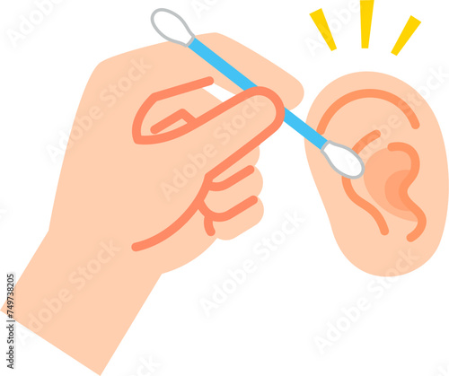 綿棒を持つ手と耳、耳掃除