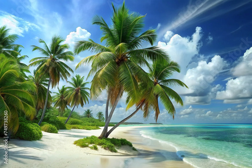 Tropical Oasis, Palm trees swaying in the breeze on a pristine island beach. 