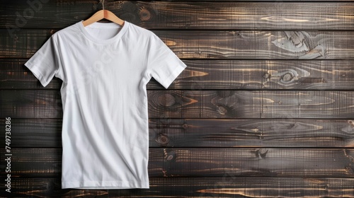 White blank t-shirt on dark wood wall 