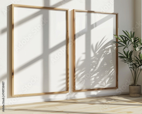 Two clean and streamlined wooden frame blank mockups mounted on a white wall  illuminated by natural sunlight from the side  featuring an organic texture and bright photography setting.