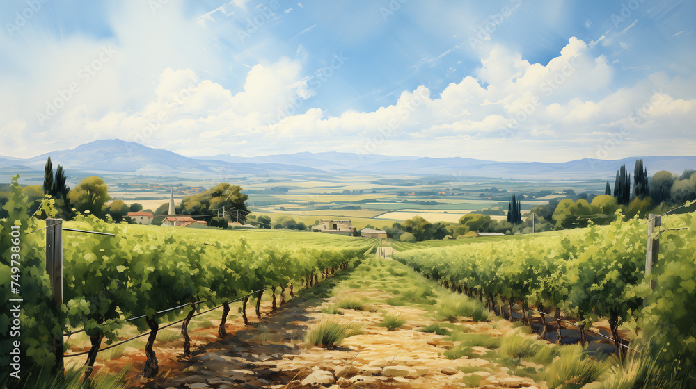 Stretching across the vineyard are orderly rows of grapevines, while in the distance, a charming country house sits nestled amidst rolling hills, creating a serene countryside vista.