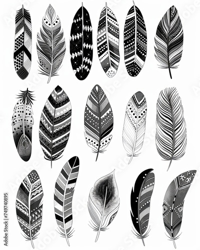 Illustrate a collection of cute, hand-drawn feathers embellished with intricate geometric patterns