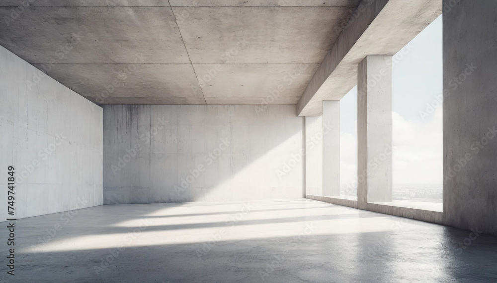 Empty concrete interior flooded with bright sunlight, minimalist design