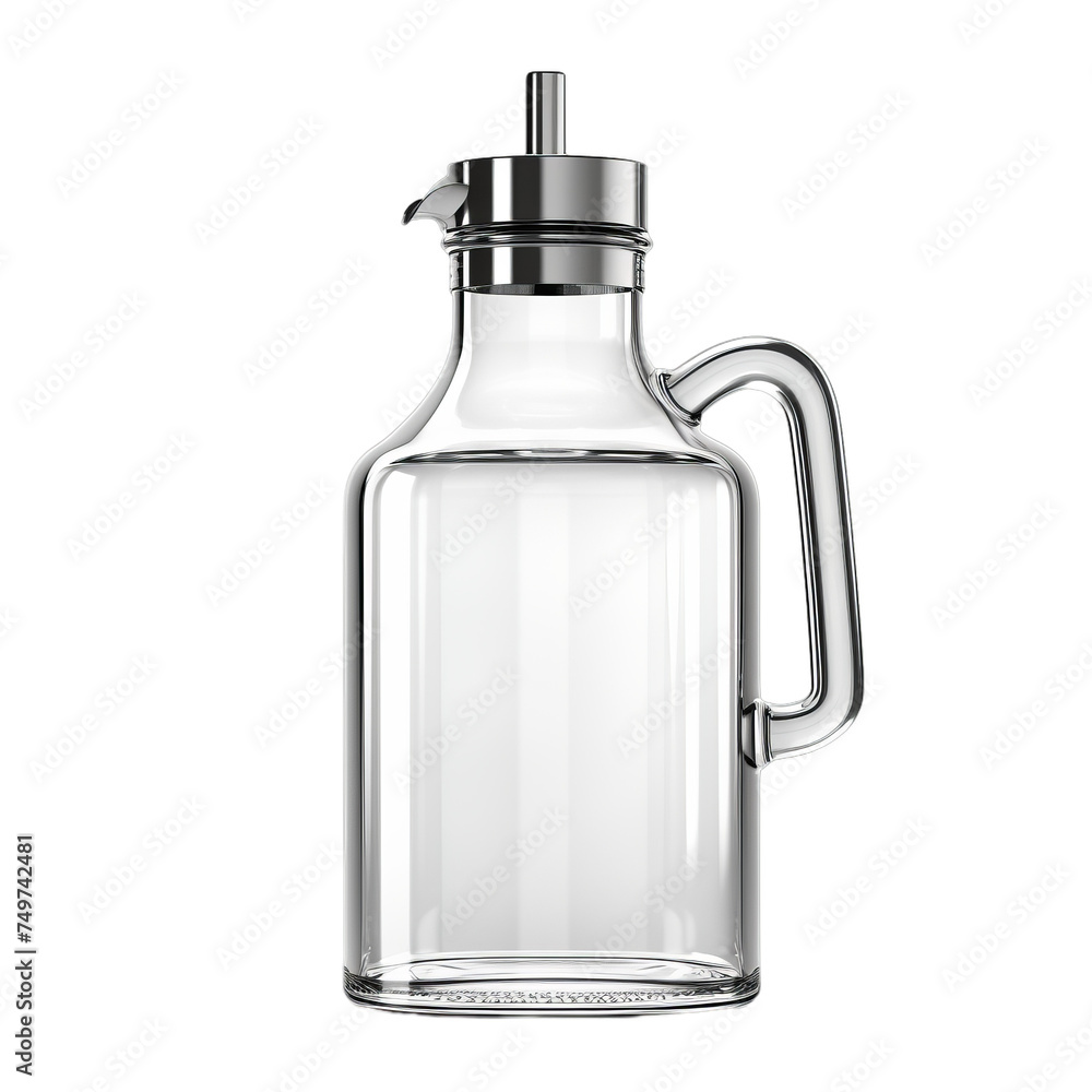 A blank glass syrup dispenser with a metal spout isolated on transparent background, png A blank glass syrup dispenser with a metal spout isolated on transparent background, png