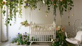 A charming and serene nursery features a white baby crib adorned with delicate hanging flowers and greenery, creating a whimsical atmosphere..