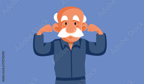 Strong Elderly Man Flexing Muscles Vector Cartoon Design. Healthy pensioner feeling powerful and energetic 
