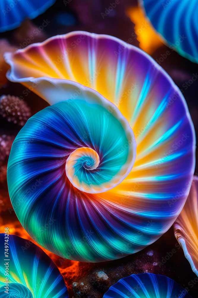 Blue ocean seascape, wave, beautiful seashell in holographic gradient.