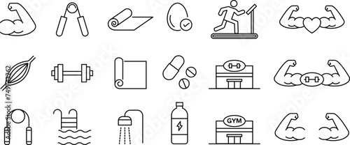 トレーニングに関する線画アイコンセット