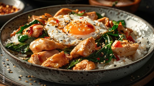 Stir-fried chicken on rice with egg, sesame seeds, spinach, and chili