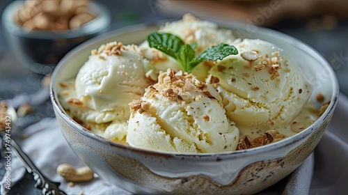 Vanilla ice cream garnished with nuts and mint in a ceramic bowl.