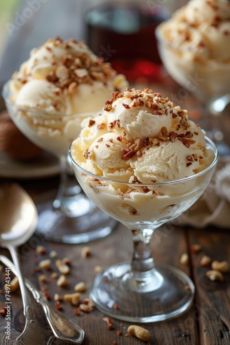 Vanilla ice cream with nuts in a classic glass  on a wooden backdrop