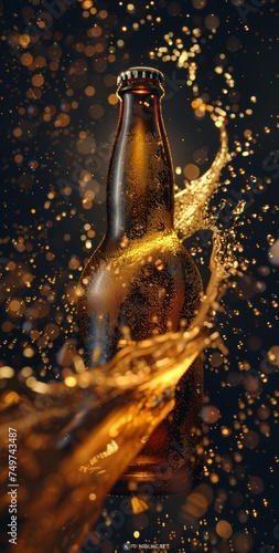 A beer bottle is caught in a dynamic moment, its surface wet with droplets and a golden liquid streaming around it that catches the light