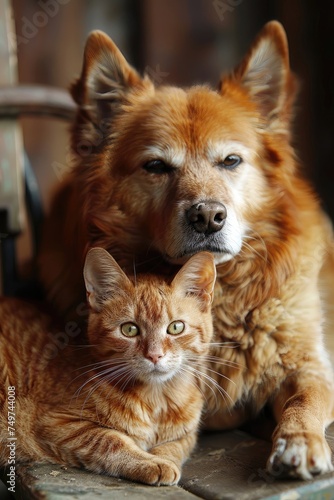 Fluffy ginger dog and cat sitting close together.